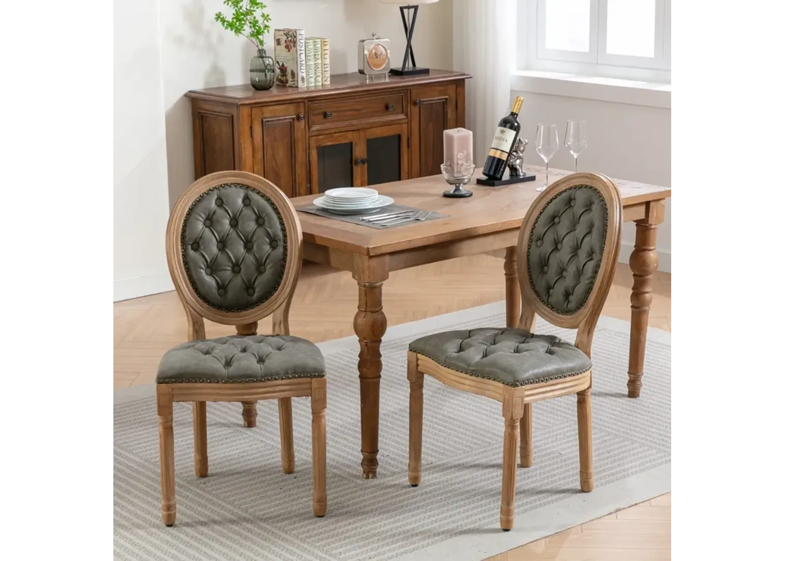 French Style Solid Wood Frame Antique Painting, Hand-Pulled Buckle Decoration PU Artificial Leather Dining Chair With Nailhead Trim, Wood Legs