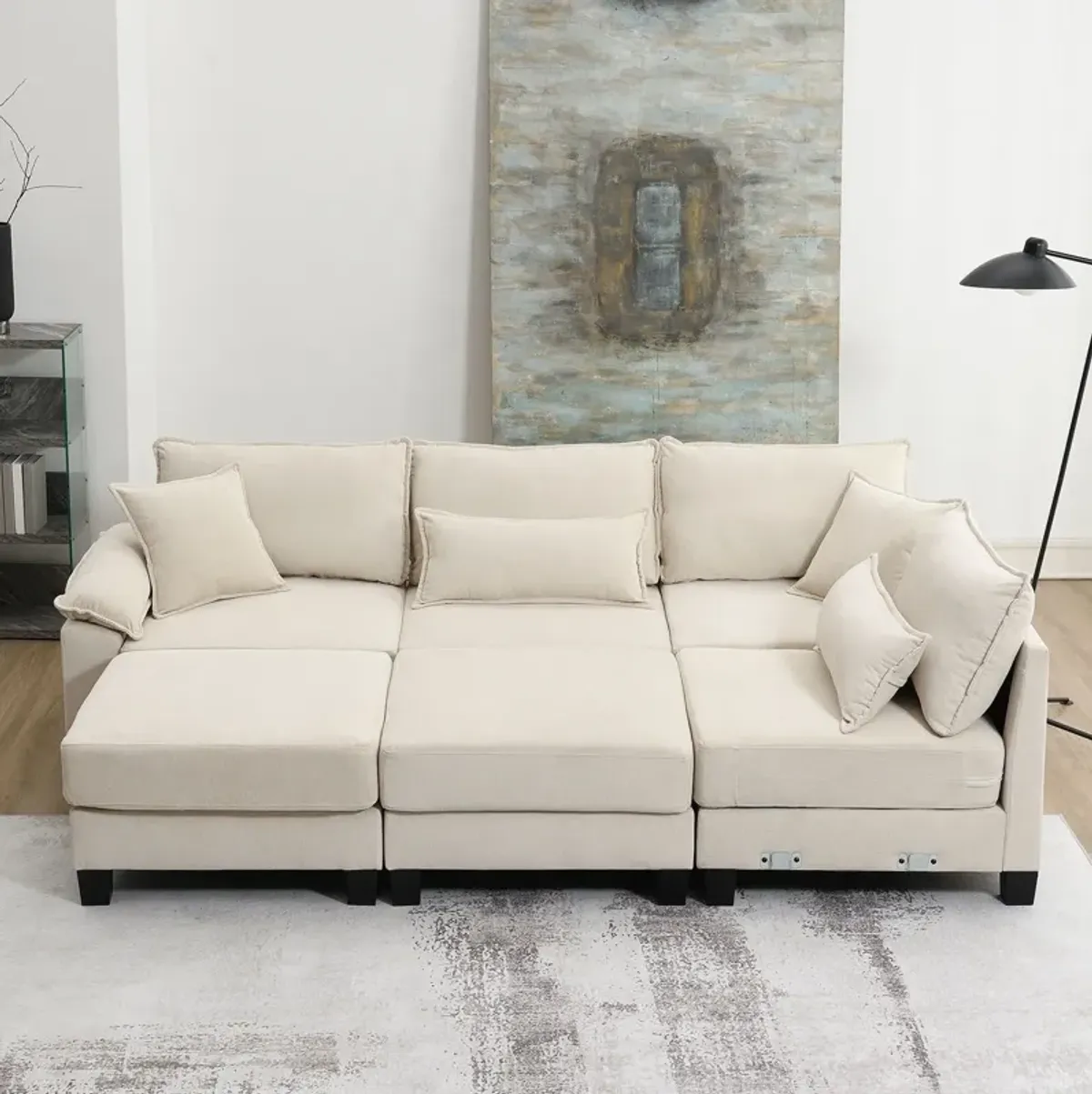 Corduroy Modular Sectional Sofa, U Shaped Couch With Armrest Bags, 6 Seat Freely Combinable Sofa Bed, Comfortable And Spacious Indoor Furniture For Living Room