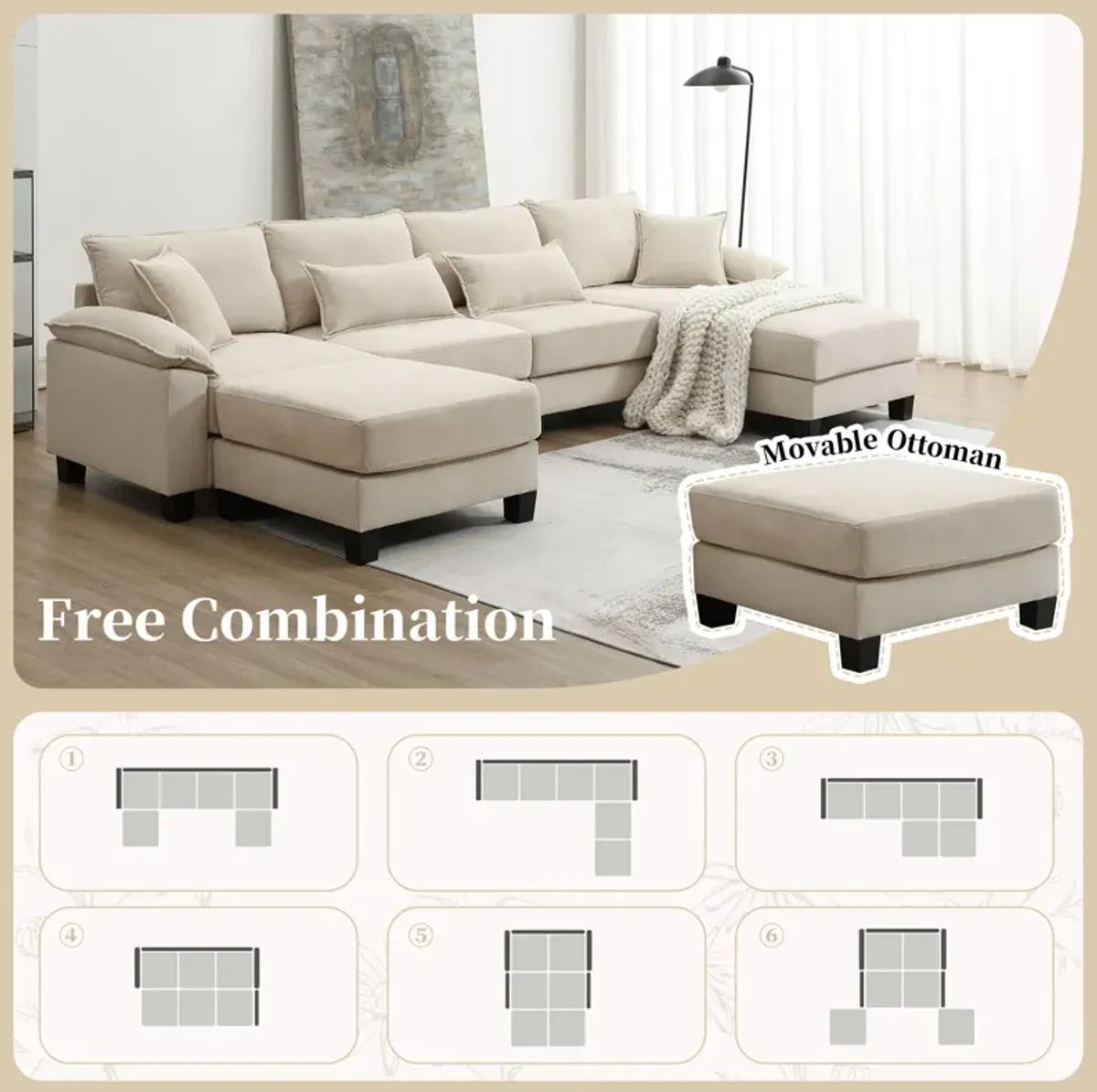 Corduroy Modular Sectional Sofa, U Shaped Couch With Armrest Bags, 6 Seat Freely Combinable Sofa Bed, Comfortable And Spacious Indoor Furniture For Living Room