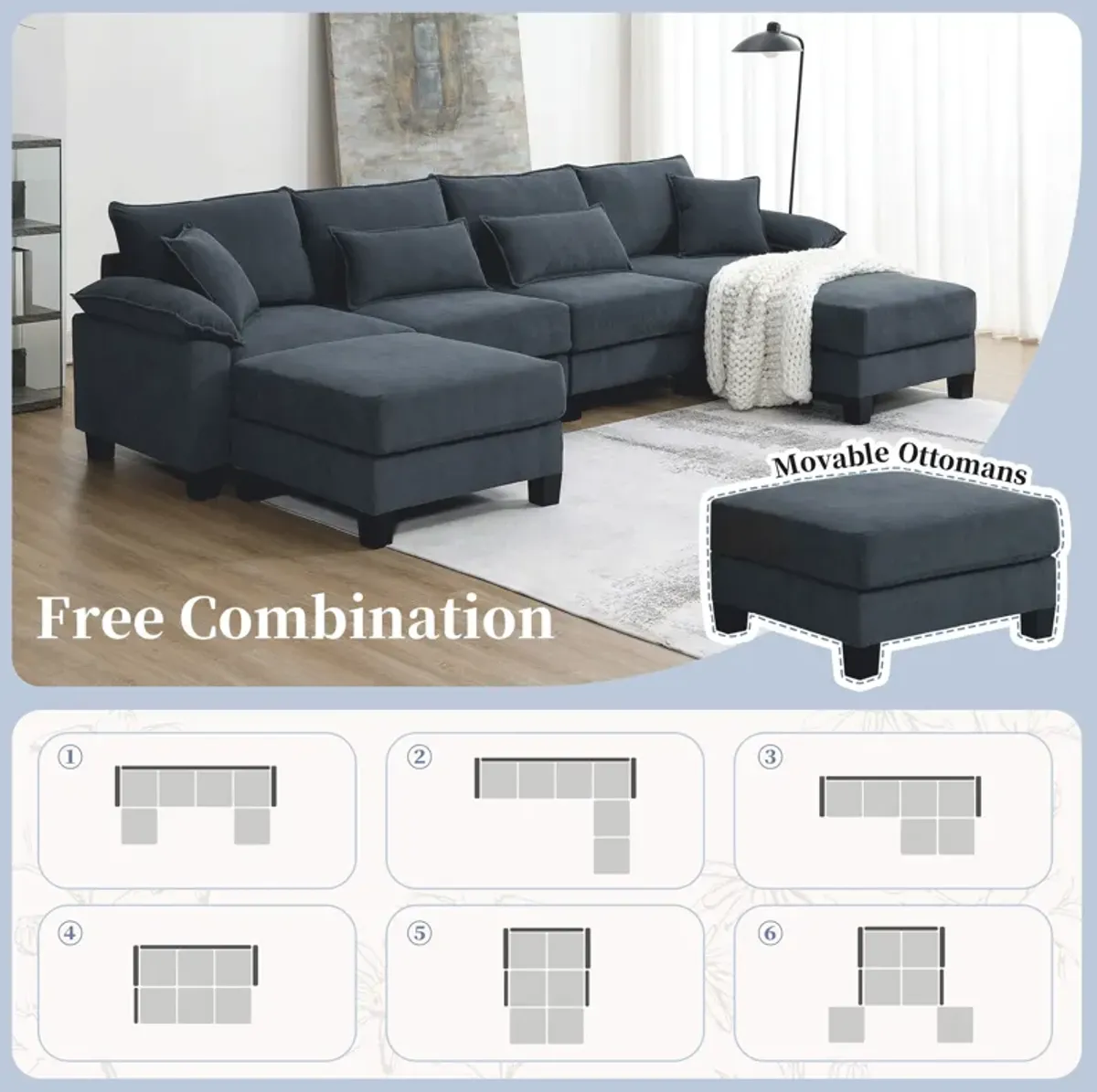 Corduroy Modular Sectional Sofa, U Shaped Couch With Armrest Bags, 6 Seat Freely Combinable Sofa Bed, Comfortable And Spacious Indoor Furniture For Living Room