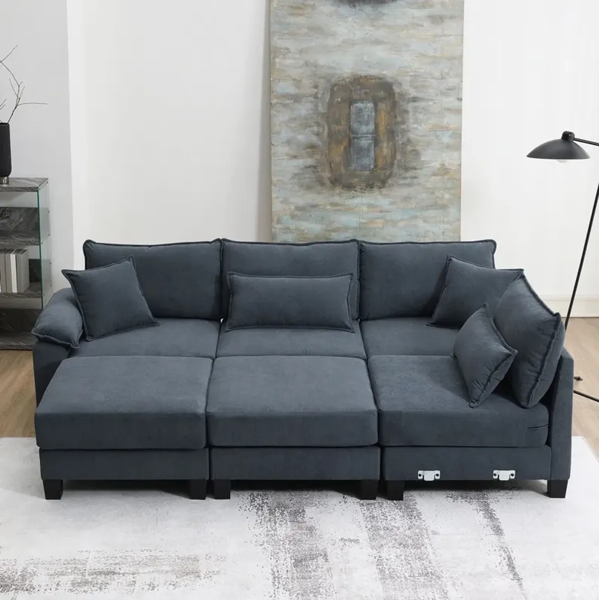 Corduroy Modular Sectional Sofa, U Shaped Couch With Armrest Bags, 6 Seat Freely Combinable Sofa Bed, Comfortable And Spacious Indoor Furniture For Living Room