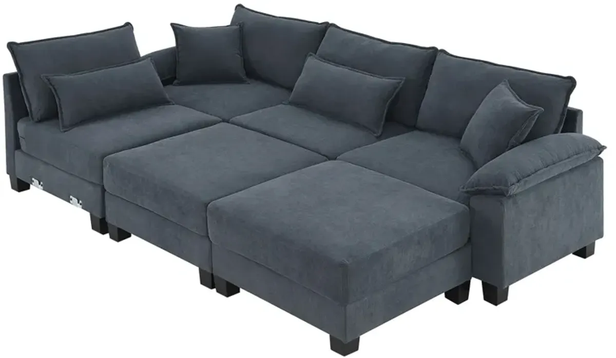 Corduroy Modular Sectional Sofa, U Shaped Couch With Armrest Bags, 6 Seat Freely Combinable Sofa Bed, Comfortable And Spacious Indoor Furniture For Living Room