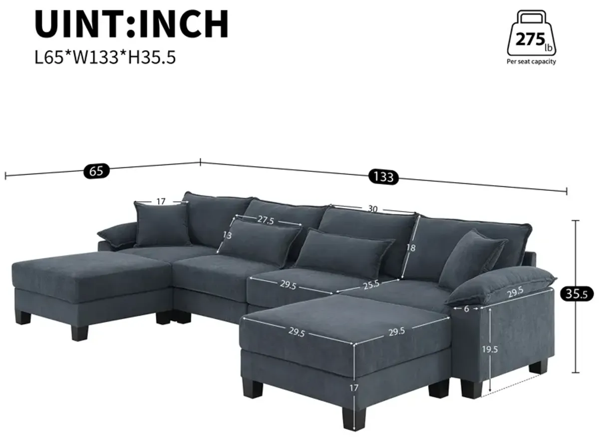 Corduroy Modular Sectional Sofa, U Shaped Couch With Armrest Bags, 6 Seat Freely Combinable Sofa Bed, Comfortable And Spacious Indoor Furniture For Living Room