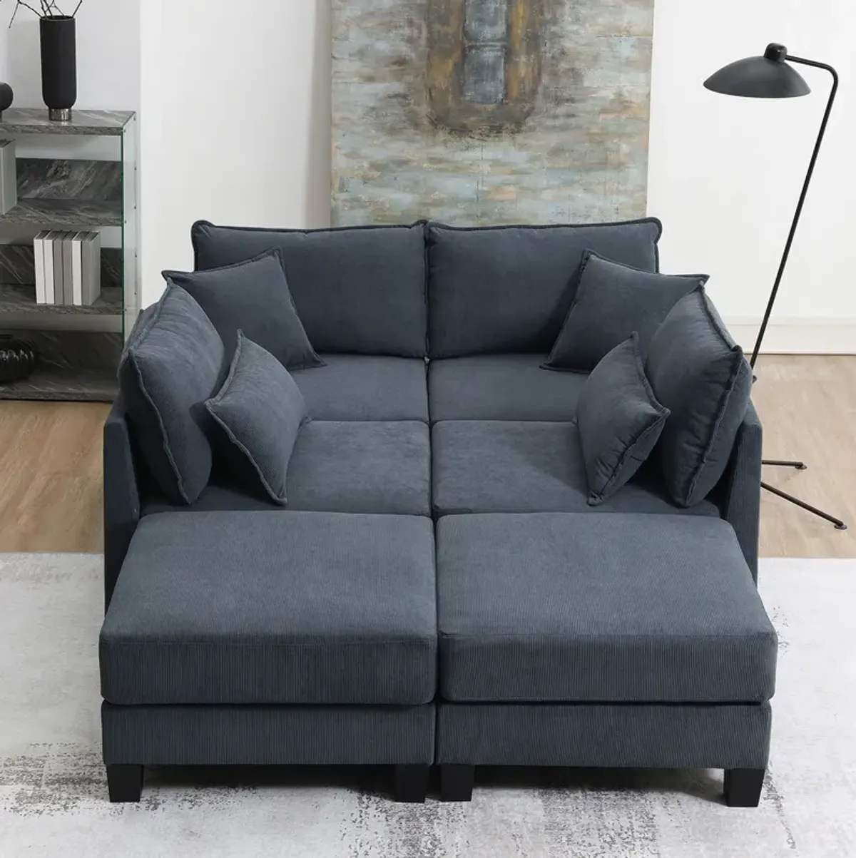 Corduroy Modular Sectional Sofa, U Shaped Couch With Armrest Bags, 6 Seat Freely Combinable Sofa Bed, Comfortable And Spacious Indoor Furniture For Living Room