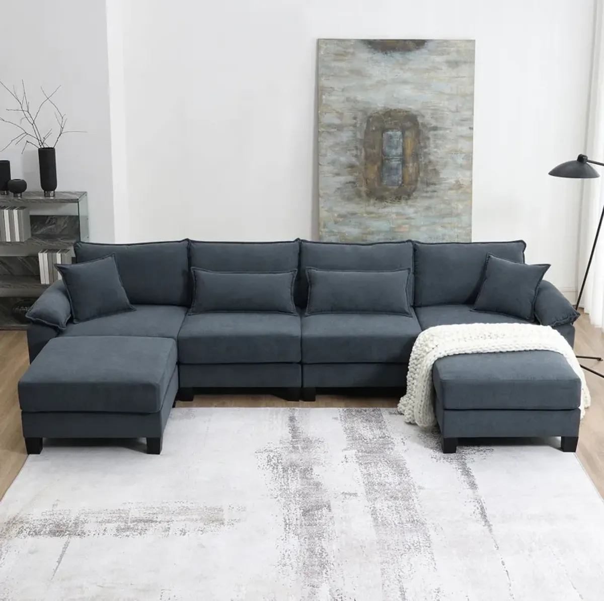 Corduroy Modular Sectional Sofa, U Shaped Couch With Armrest Bags, 6 Seat Freely Combinable Sofa Bed, Comfortable And Spacious Indoor Furniture For Living Room