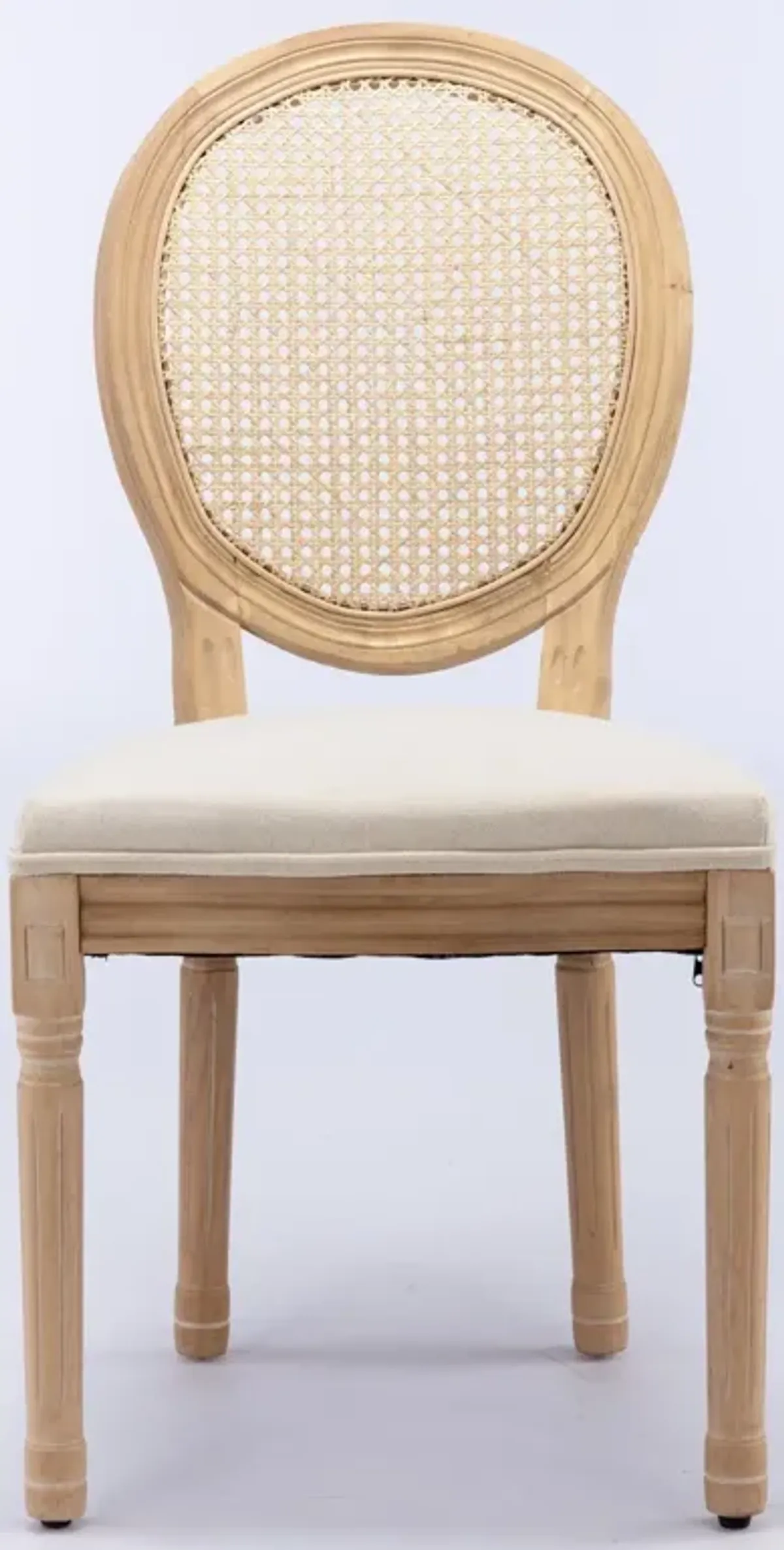 French Style Solid Wood Frame Antique Painting Linen Fabric Rattan Back Dining Chair (Set of 2)