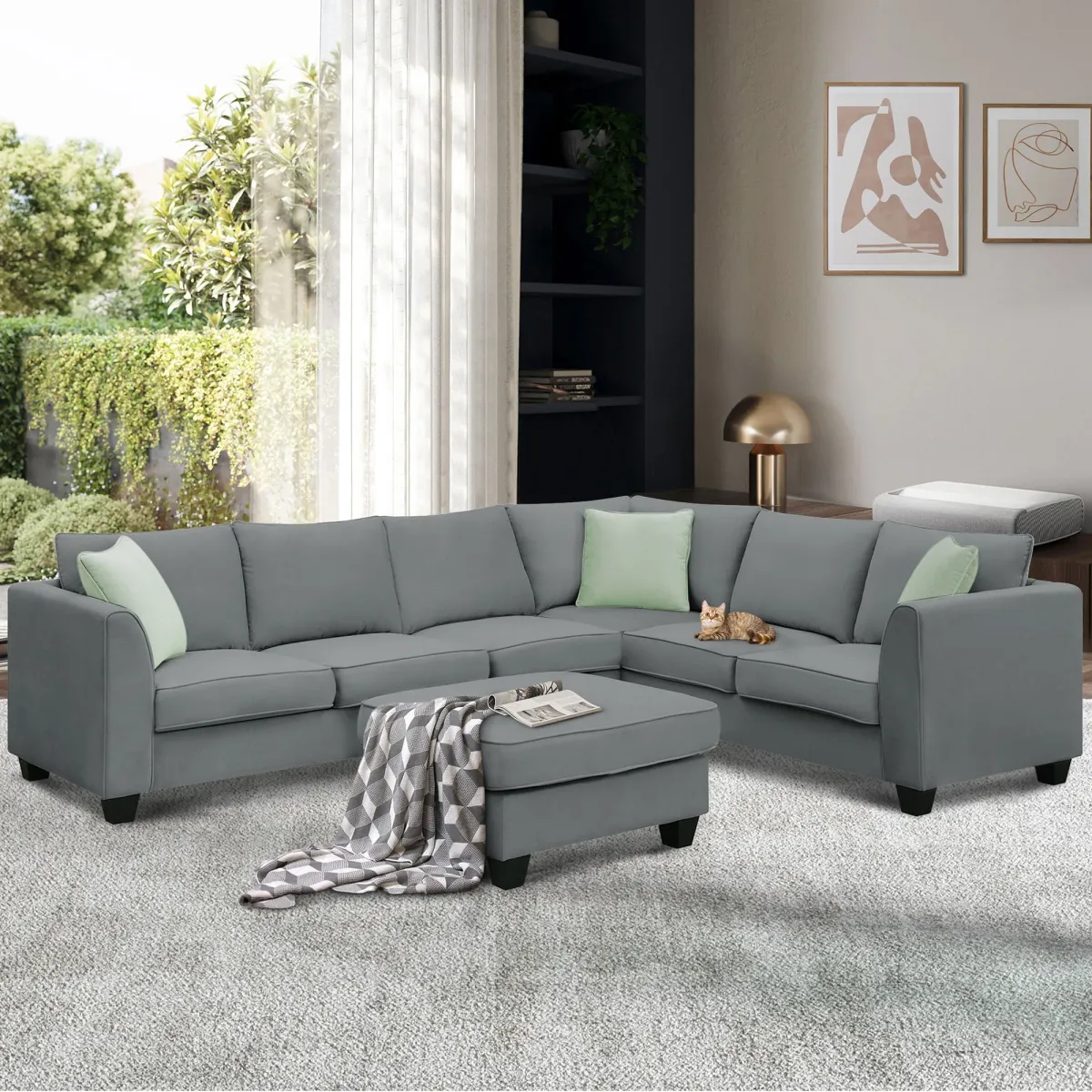 Sectional Sofa Couches Living Room Sets, 7 Seats Modular Sectional Sofa With Ottoman, L Shape Fabric Sofa Corner Couch Set With 3 Pillows