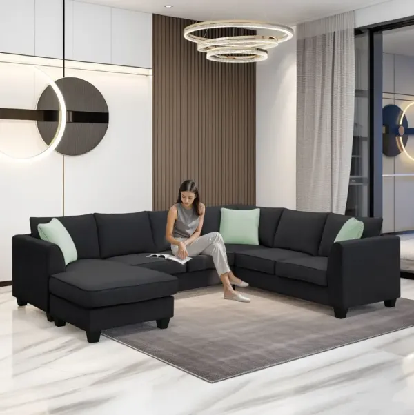 Sectional Sofa Couches Living Room Sets, 7 Seats Modular Sectional Sofa With Ottoman, L Shape Fabric Sofa Corner Couch Set With 3 Pillows