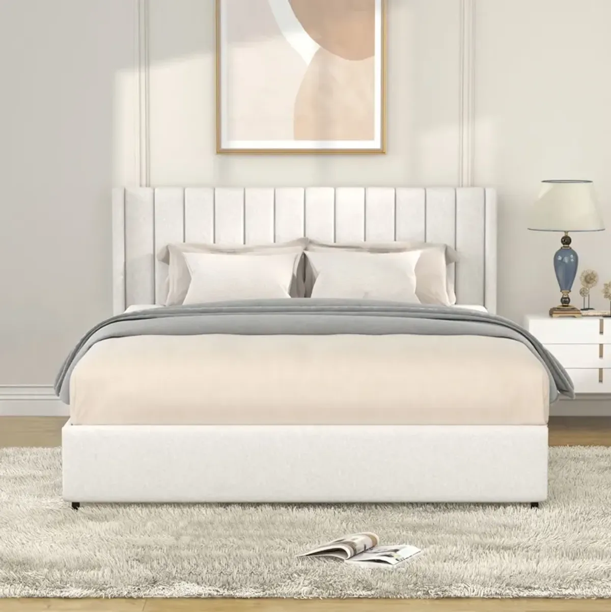 Anda - Boucle Upholstered Platform Bed With Patented Drawers Storage - Ivory