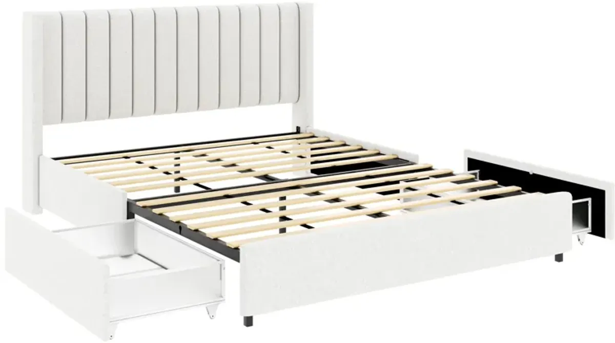 Anda - Boucle Upholstered Platform Bed With Patented Drawers Storage - Ivory