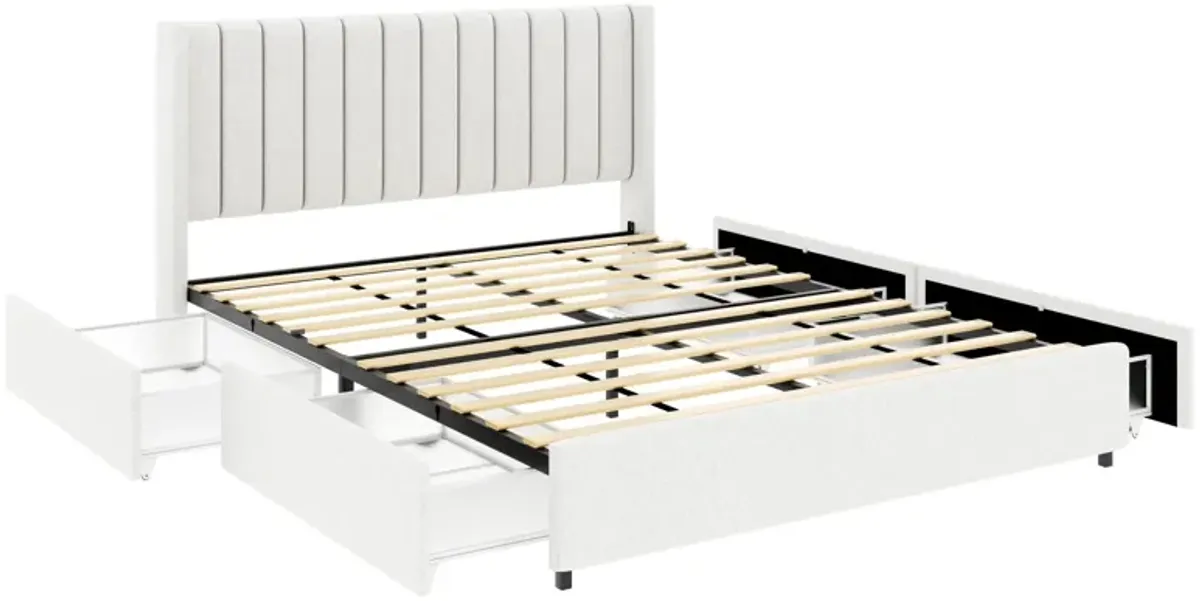 Anda - Boucle Upholstered Platform Bed With Patented Drawers Storage - Ivory