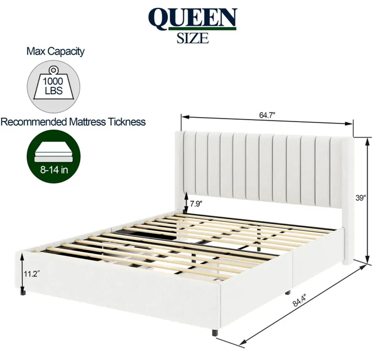 Anda - Boucle Upholstered Platform Bed With Patented Drawers Storage - Ivory