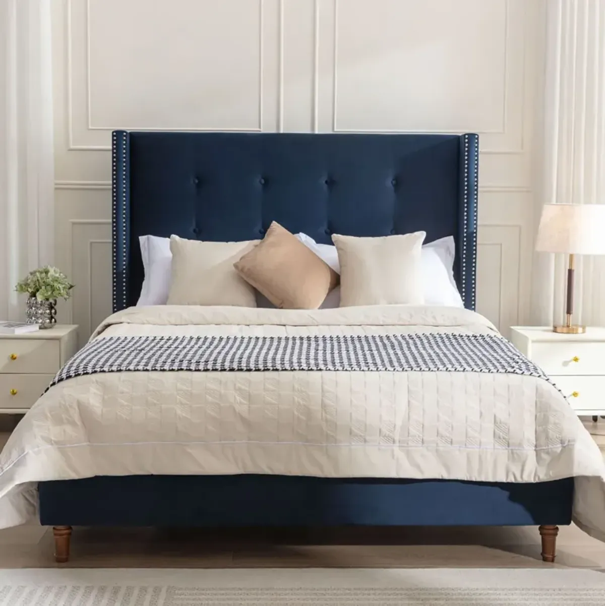 Peyton - Upholstered Bed With 54" High Headboard, Traditional Hand Buttoned Tufting