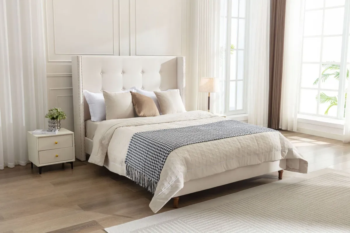 Peyton - Upholstered Bed With 54" High Headboard, Traditional Hand Buttoned Tufting