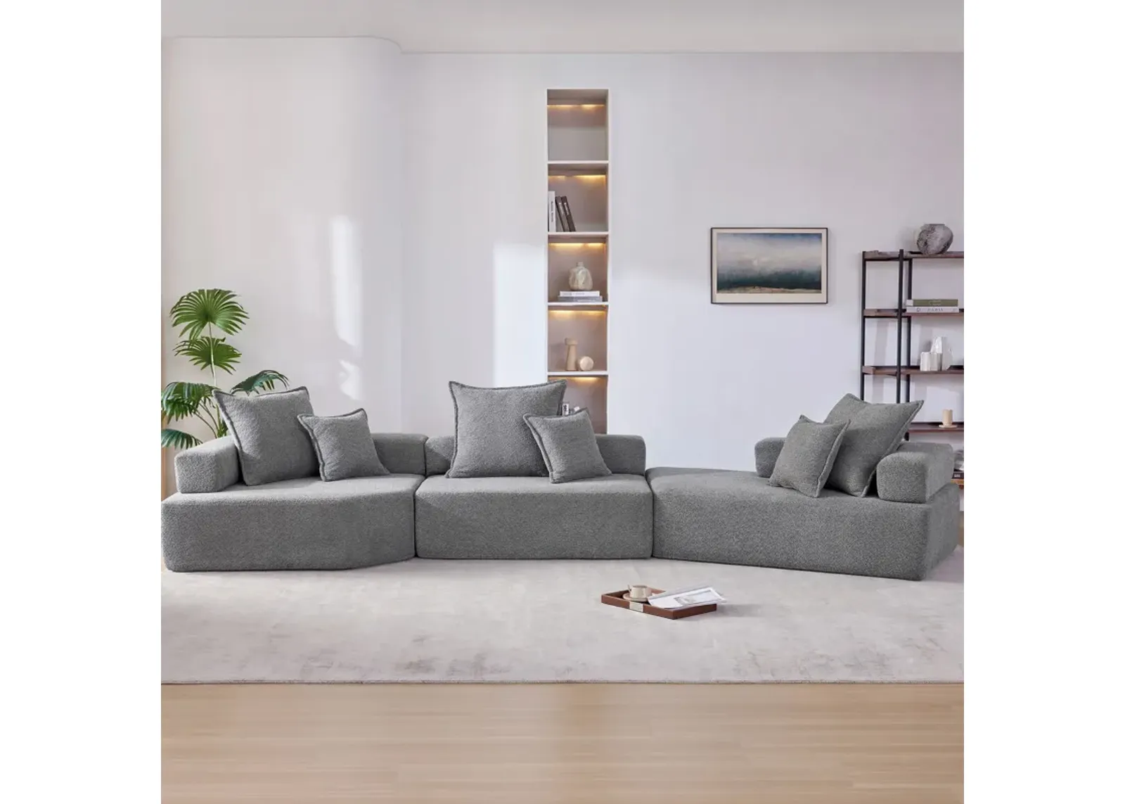 156" Oversized Modular Sectional Sofa, Luxury Boucle Floor Couch Set, Convertible Sleeper Couch, Spacious Foam-Filled Sofa Bed For Living Room, 3 Piece Free Combination - Gray