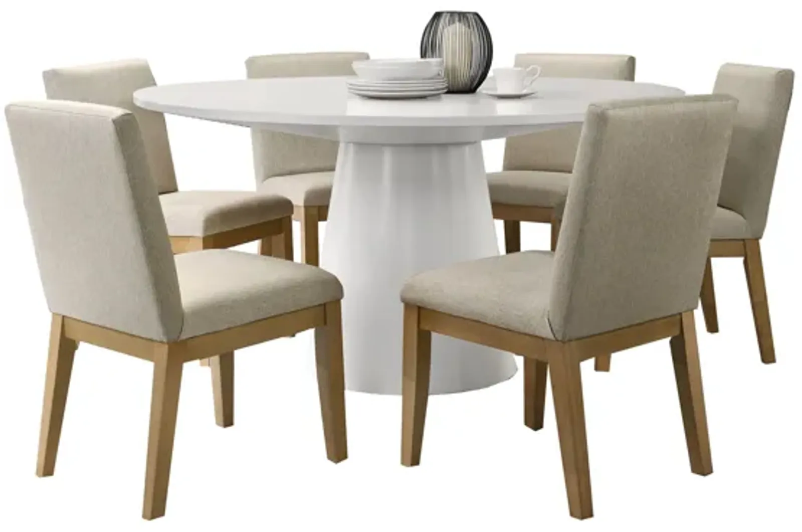 Jasper - 7 Piece Round Dining Table Set With Driftwood Finish Chairs - White