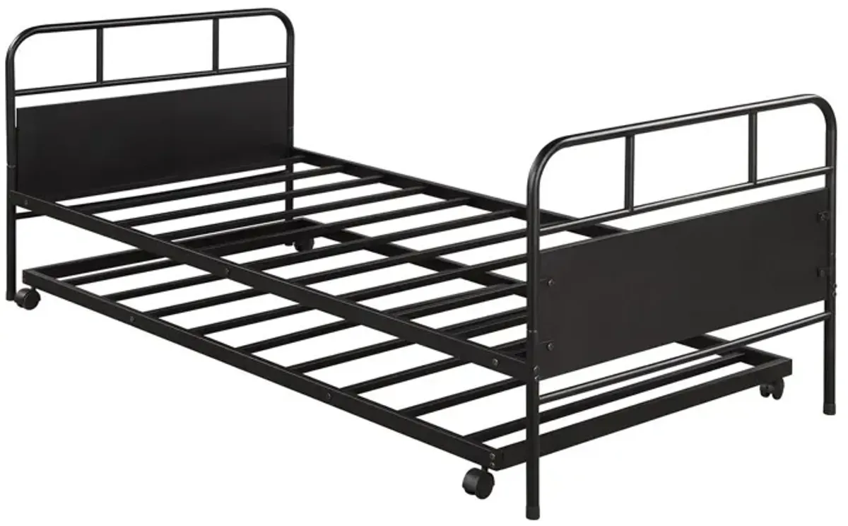 Twin Size Metal Daybed Platform Bed Frame With Trundle Built In Casters - Black