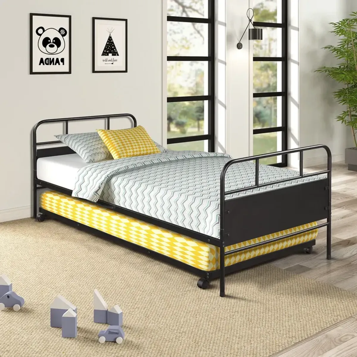 Twin Size Metal Daybed Platform Bed Frame With Trundle Built In Casters - Black