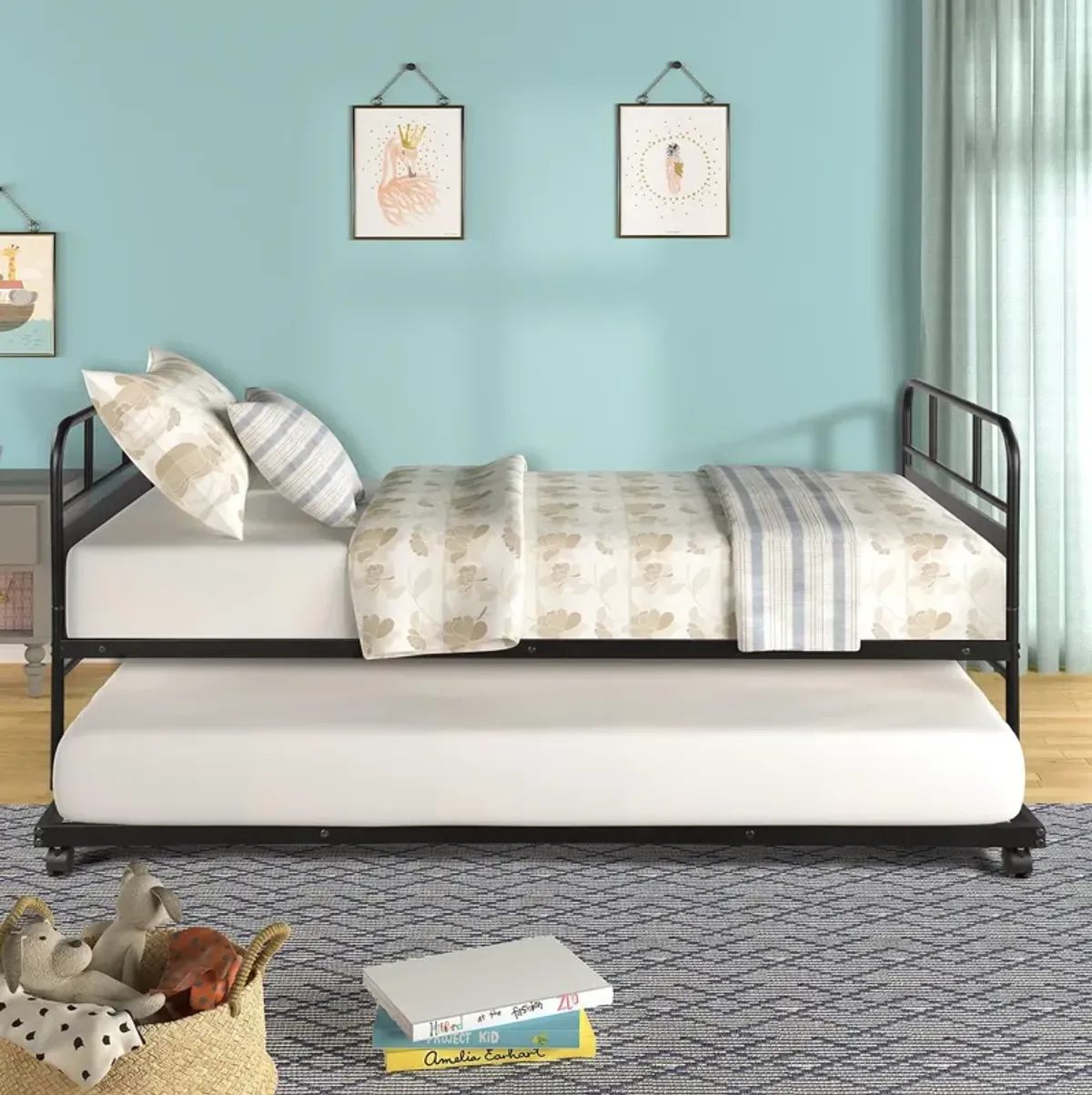 Twin Size Metal Daybed Platform Bed Frame With Trundle Built In Casters - Black