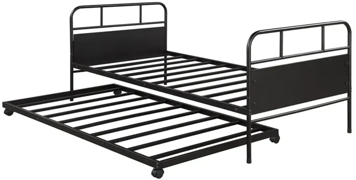 Twin Size Metal Daybed Platform Bed Frame With Trundle Built In Casters - Black