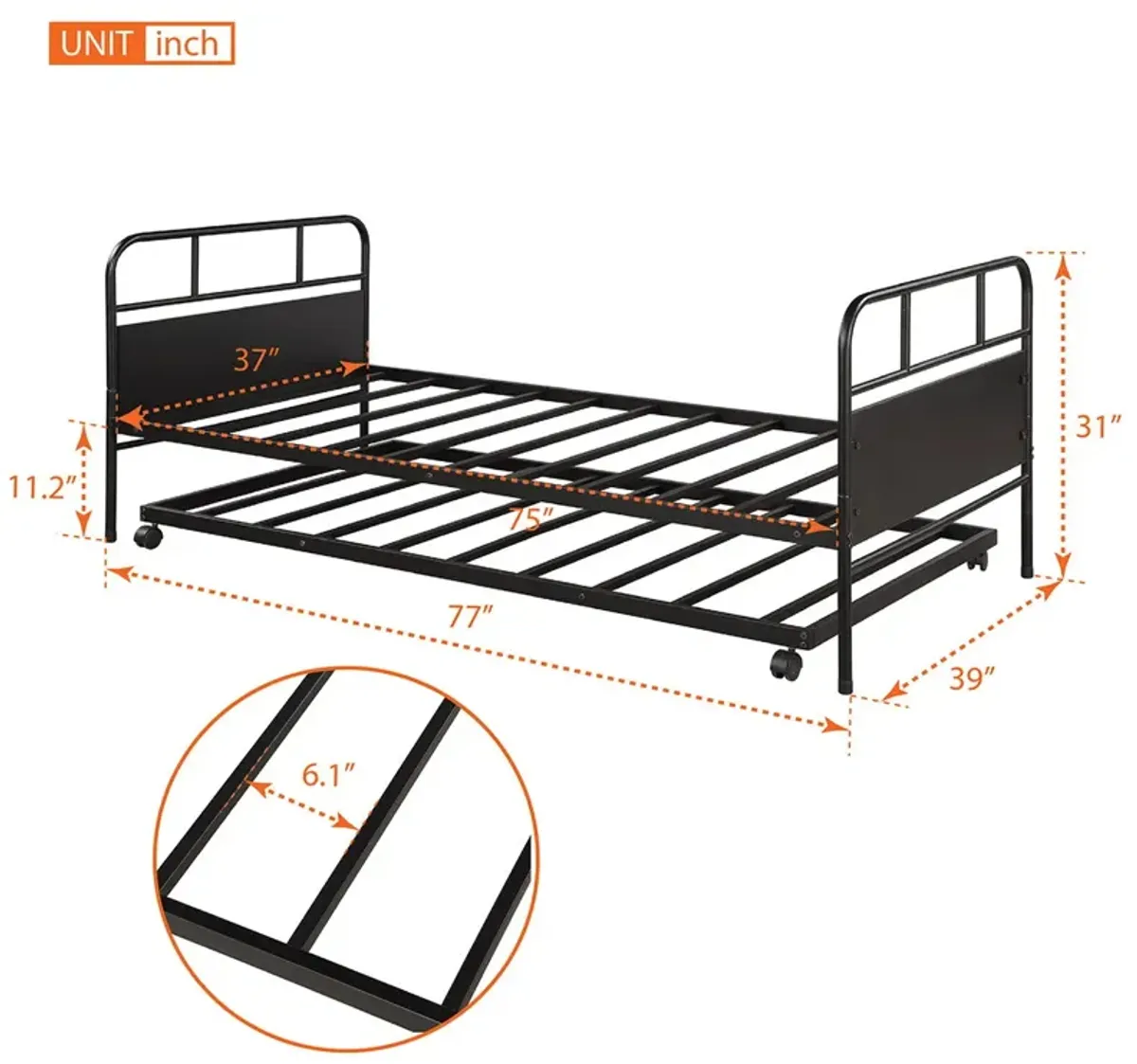 Twin Size Metal Daybed Platform Bed Frame With Trundle Built In Casters - Black