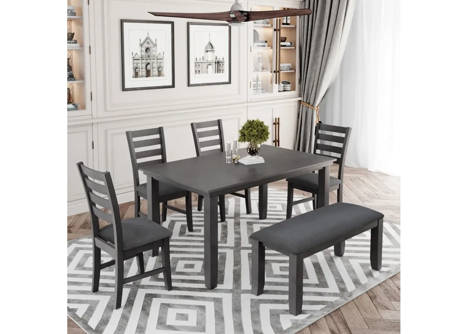 Dining Room Table And Chairs With Bench, Rustic Wood Dining Set (Set of 6) - Gray