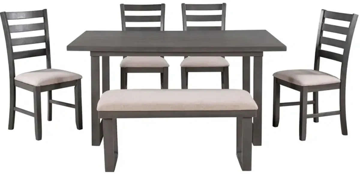 6 Pieces Family Furniture, Solid Wood Dining Room Set With Rectangular Table & 4 Chairs With Bench - Gray