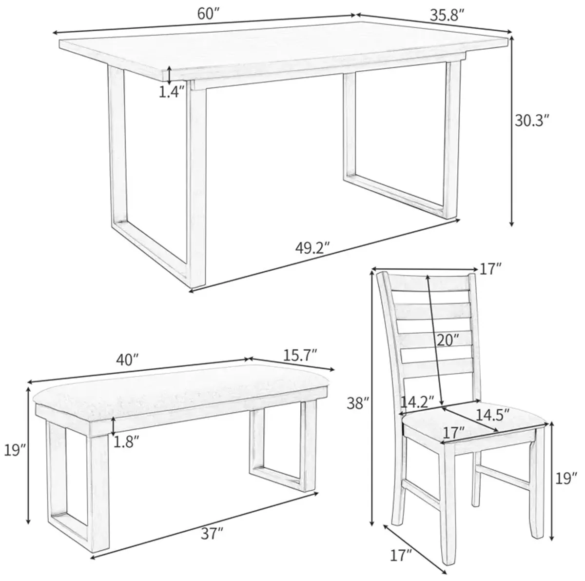 6 Pieces Family Furniture, Solid Wood Dining Room Set With Rectangular Table & 4 Chairs With Bench - Gray