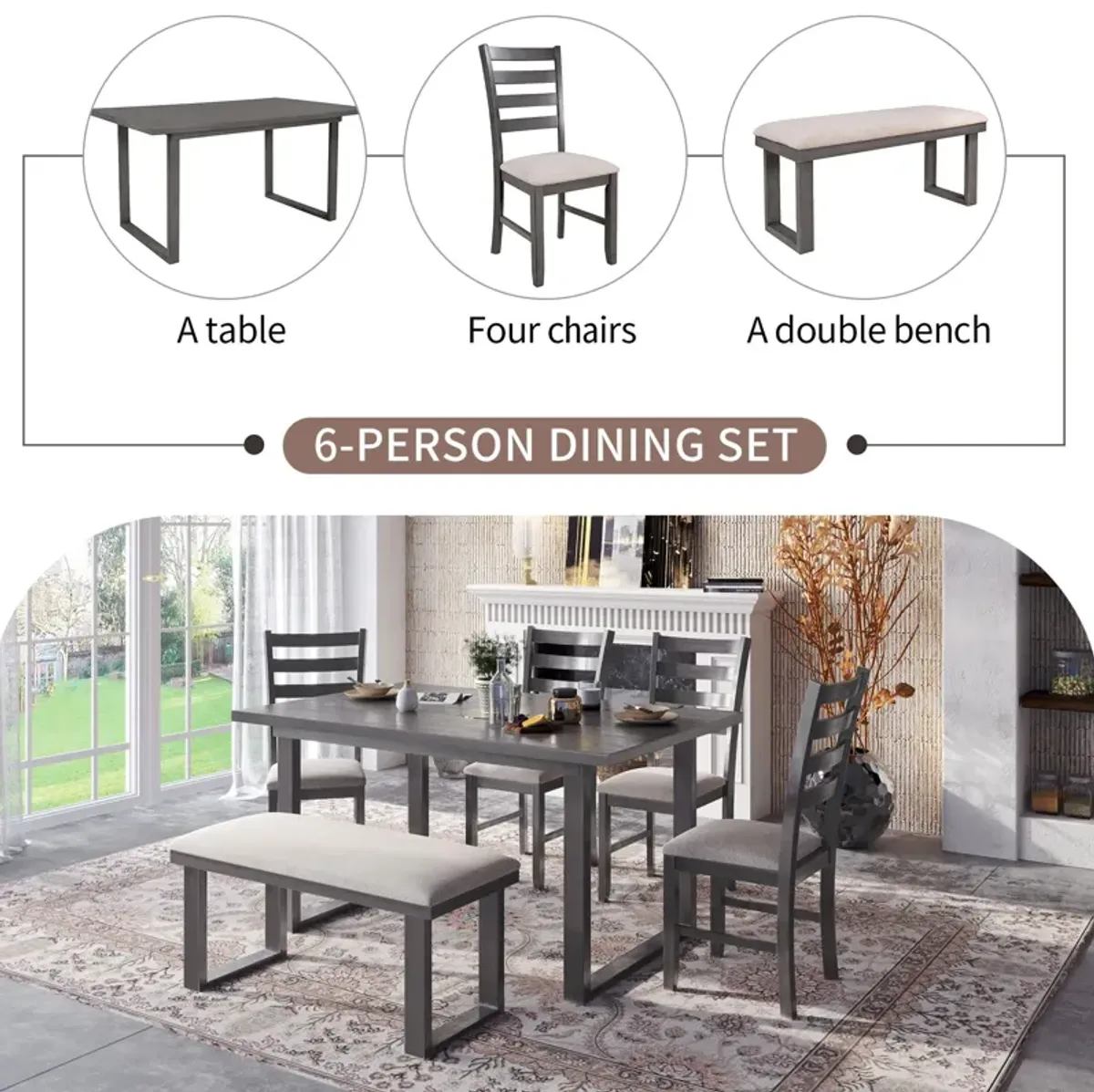 6 Pieces Family Furniture, Solid Wood Dining Room Set With Rectangular Table & 4 Chairs With Bench - Gray