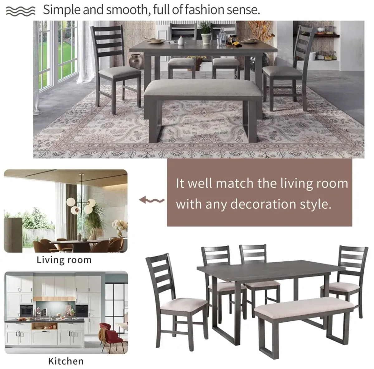 6 Pieces Family Furniture, Solid Wood Dining Room Set With Rectangular Table & 4 Chairs With Bench - Gray