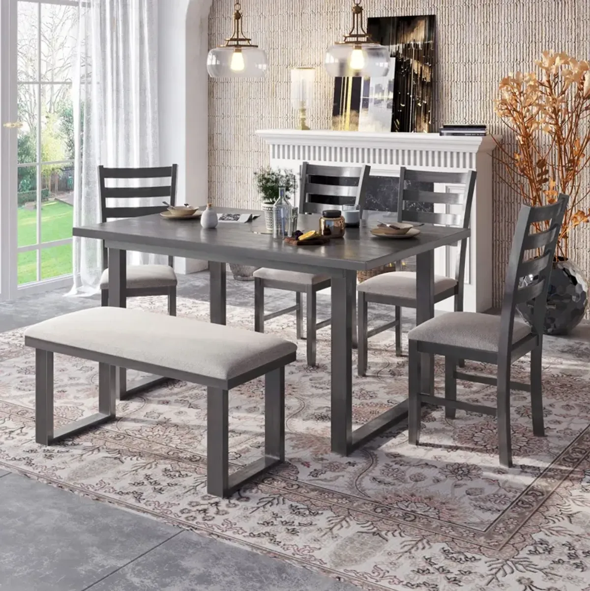 6 Pieces Family Furniture, Solid Wood Dining Room Set With Rectangular Table & 4 Chairs With Bench - Gray