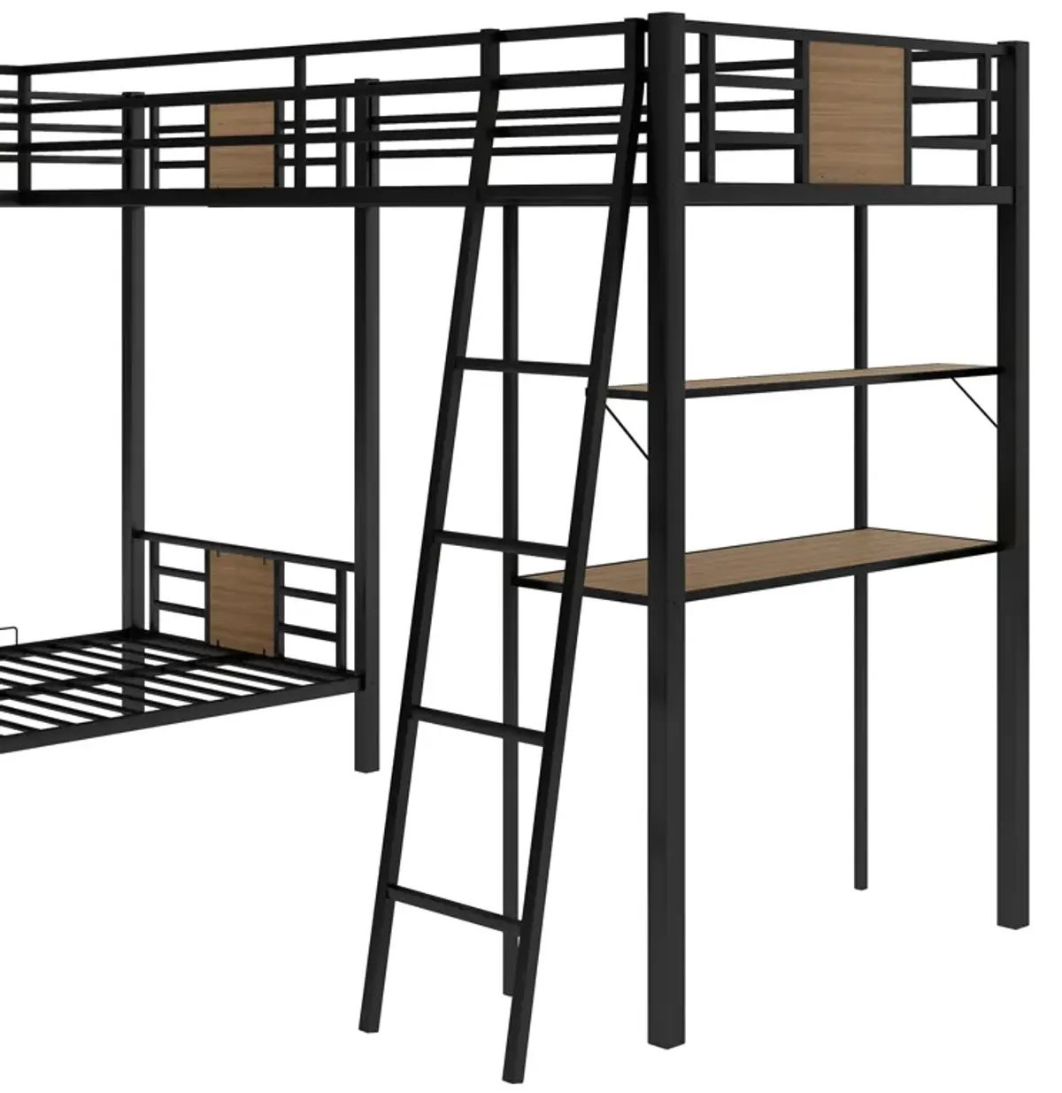 L-Shaped Twin Over Twin Bunk Bed With Twin Size Loft Bed With Desk And Shelf - Brown