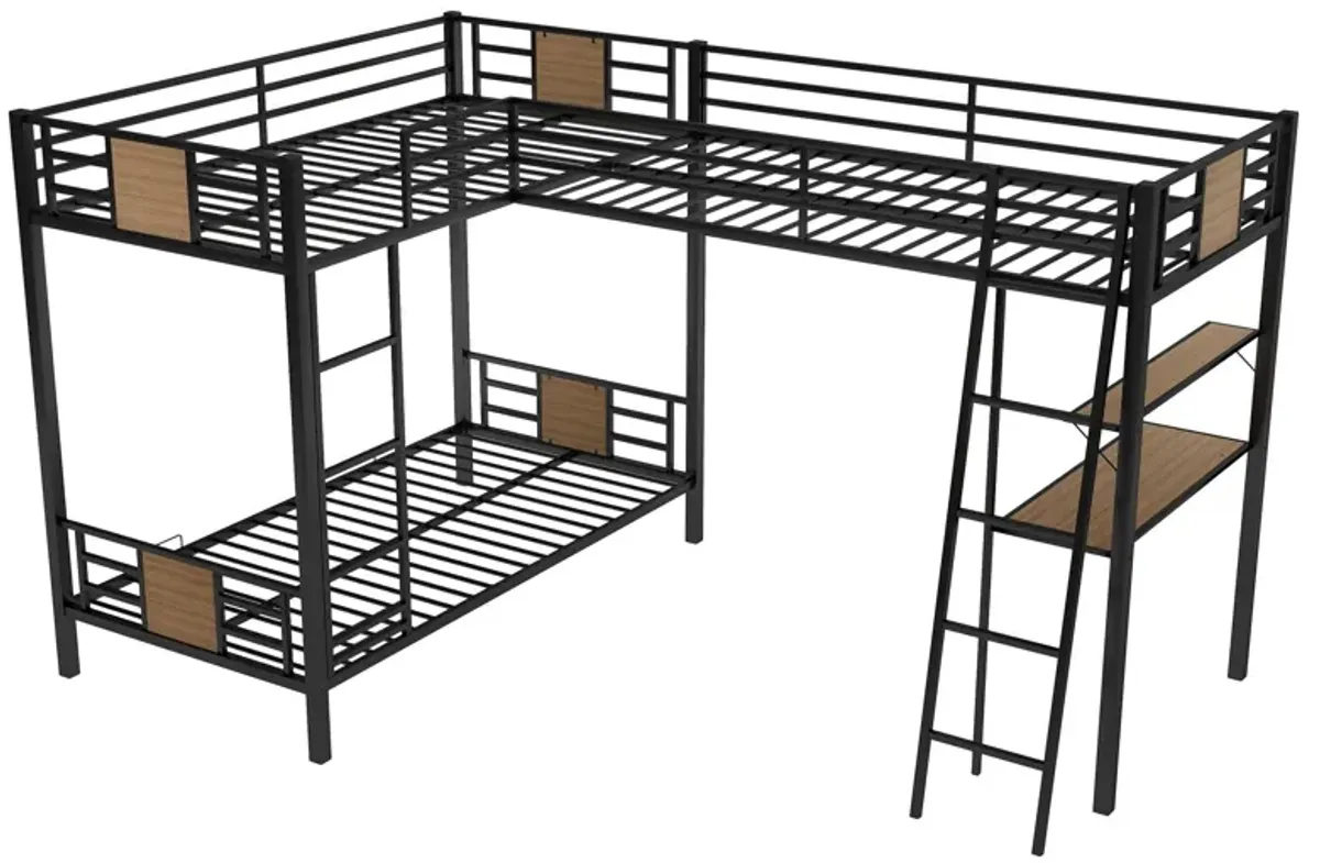 L-Shaped Twin Over Twin Bunk Bed With Twin Size Loft Bed With Desk And Shelf - Brown