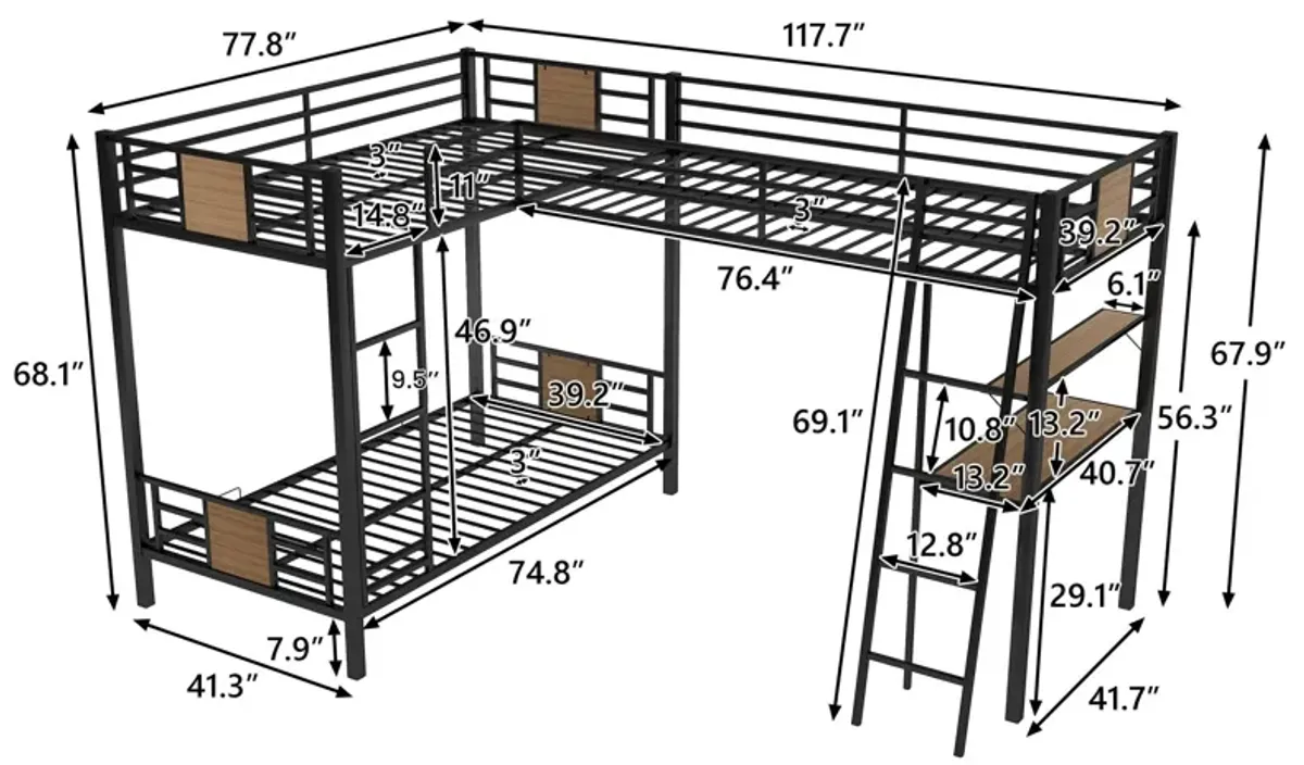 L-Shaped Twin Over Twin Bunk Bed With Twin Size Loft Bed With Desk And Shelf - Brown