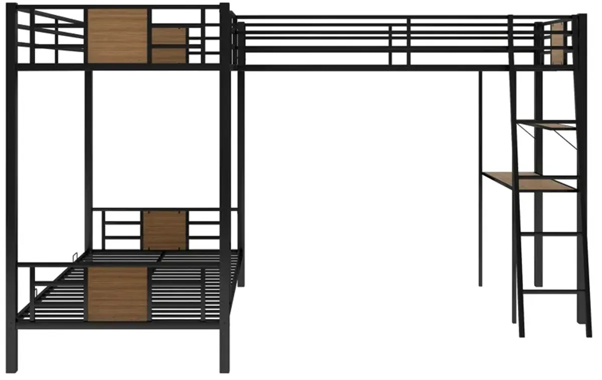 L-Shaped Twin Over Twin Bunk Bed With Twin Size Loft Bed With Desk And Shelf - Brown