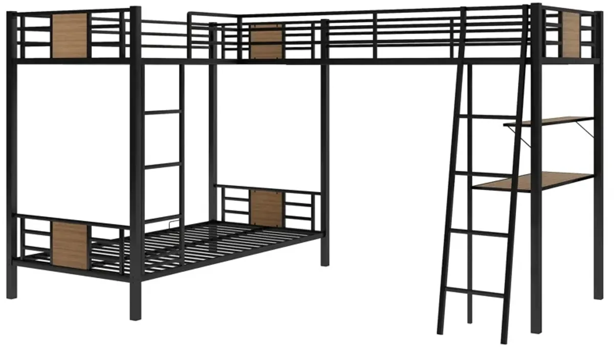 L-Shaped Twin Over Twin Bunk Bed With Twin Size Loft Bed With Desk And Shelf - Brown