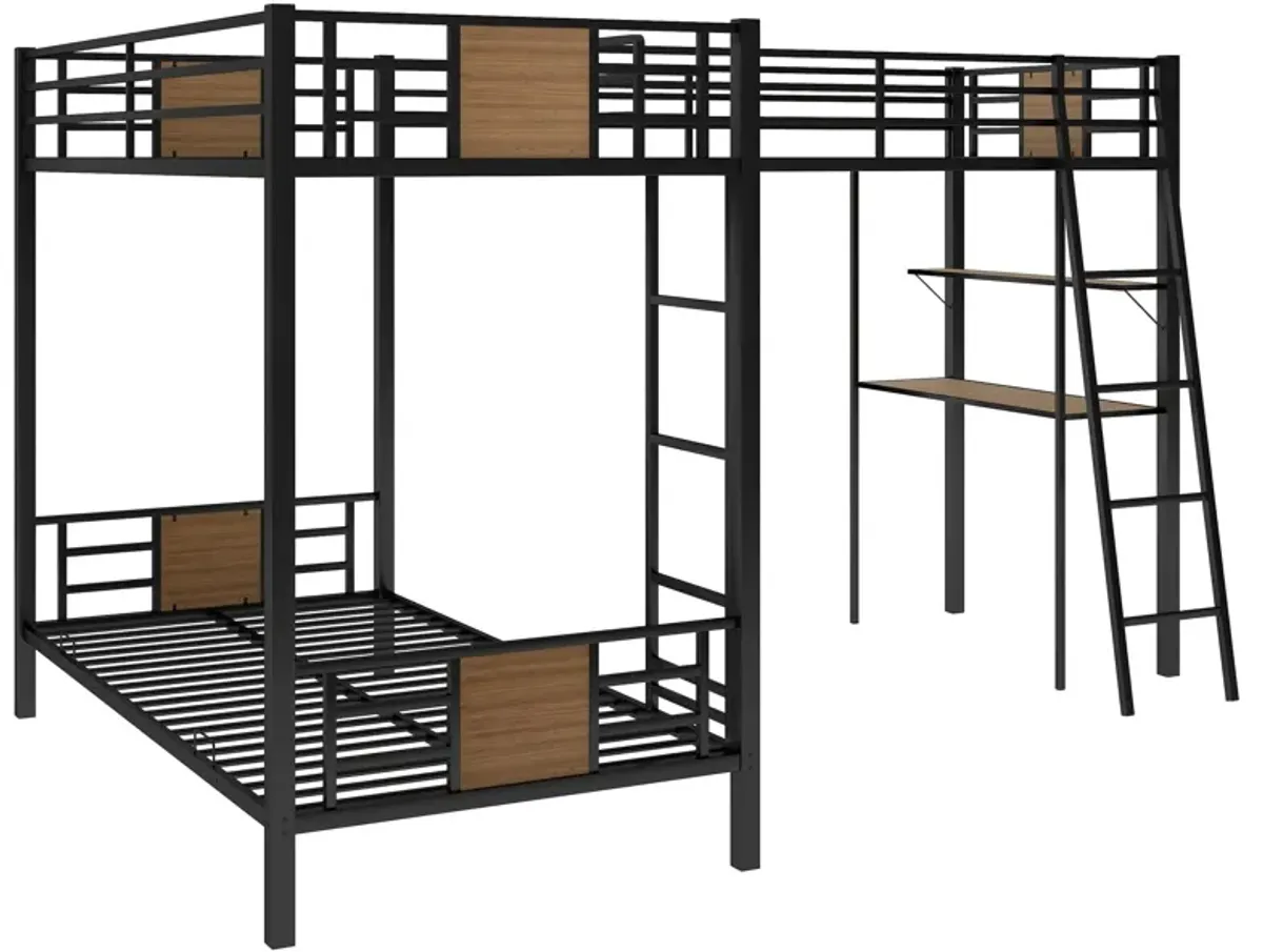 L-Shaped Twin Over Twin Bunk Bed With Twin Size Loft Bed With Desk And Shelf - Brown