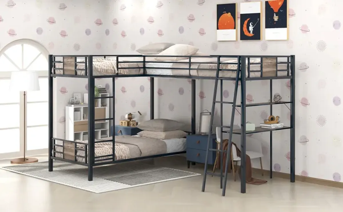 L-Shaped Twin Over Twin Bunk Bed With Twin Size Loft Bed With Desk And Shelf - Brown