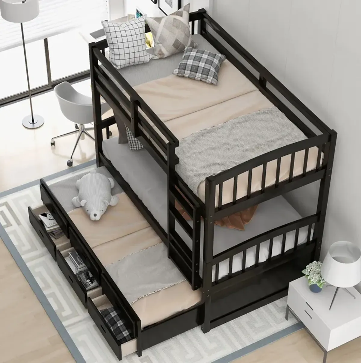 Twin Over Twin Wood Bunk Bed With Trundle And Drawers - Espresso