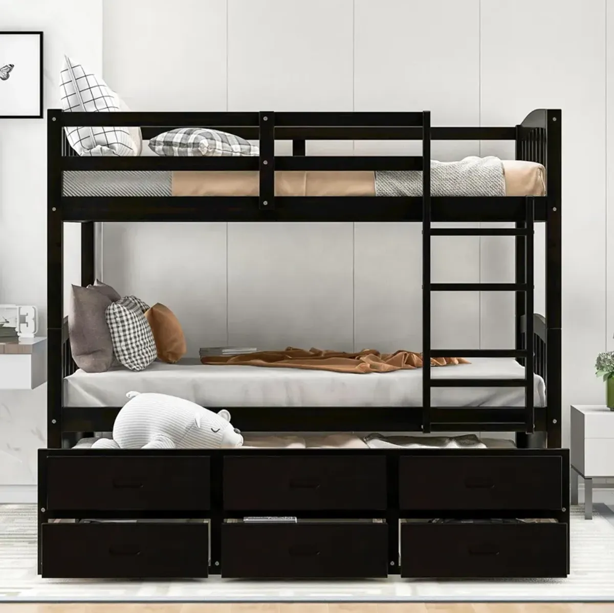 Twin Over Twin Wood Bunk Bed With Trundle And Drawers - Espresso