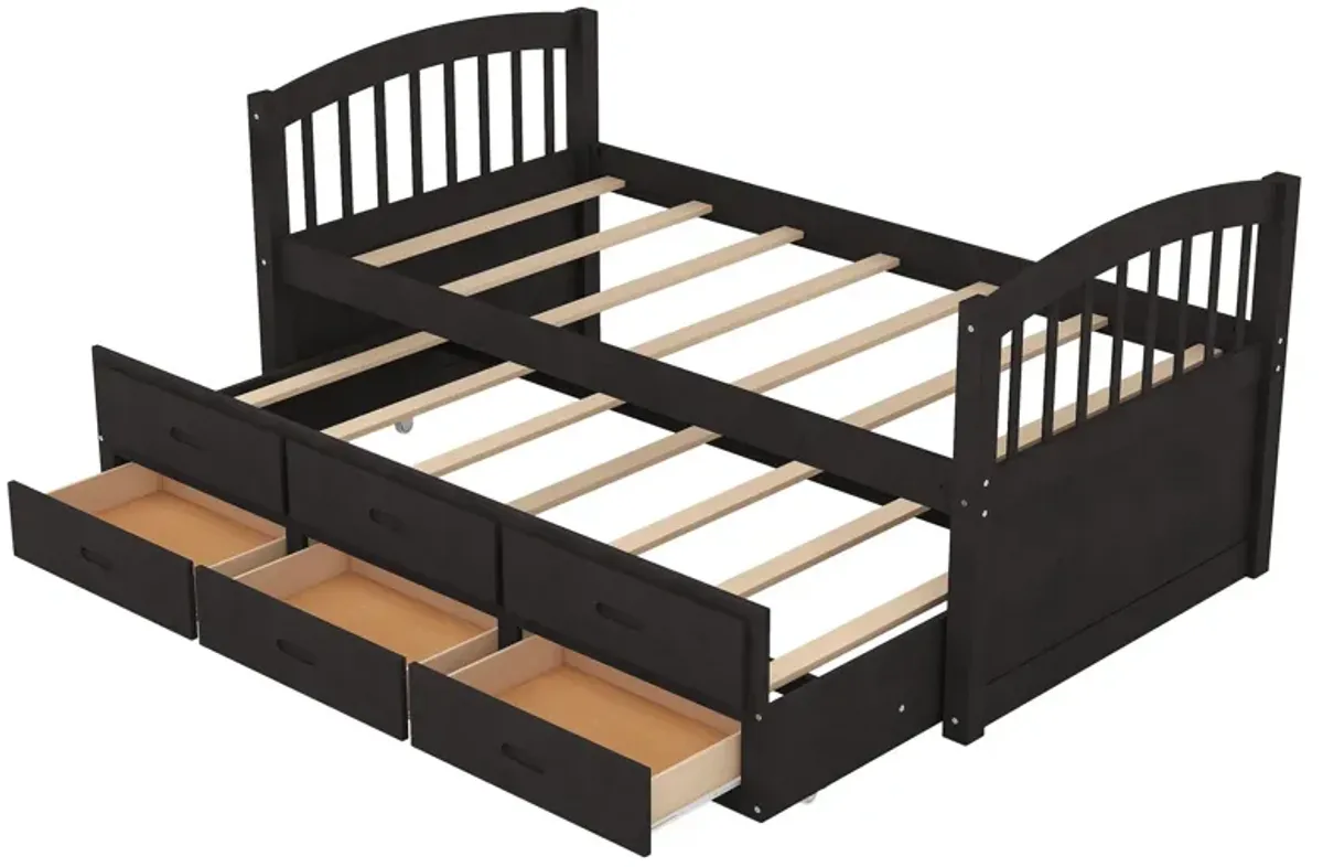 Twin Over Twin Wood Bunk Bed With Trundle And Drawers - Espresso