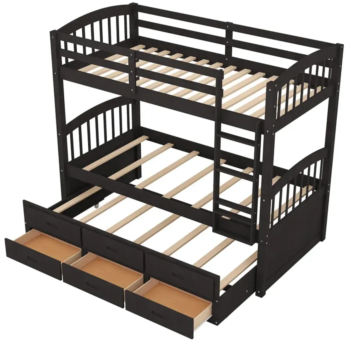 Twin Over Twin Wood Bunk Bed With Trundle And Drawers - Espresso