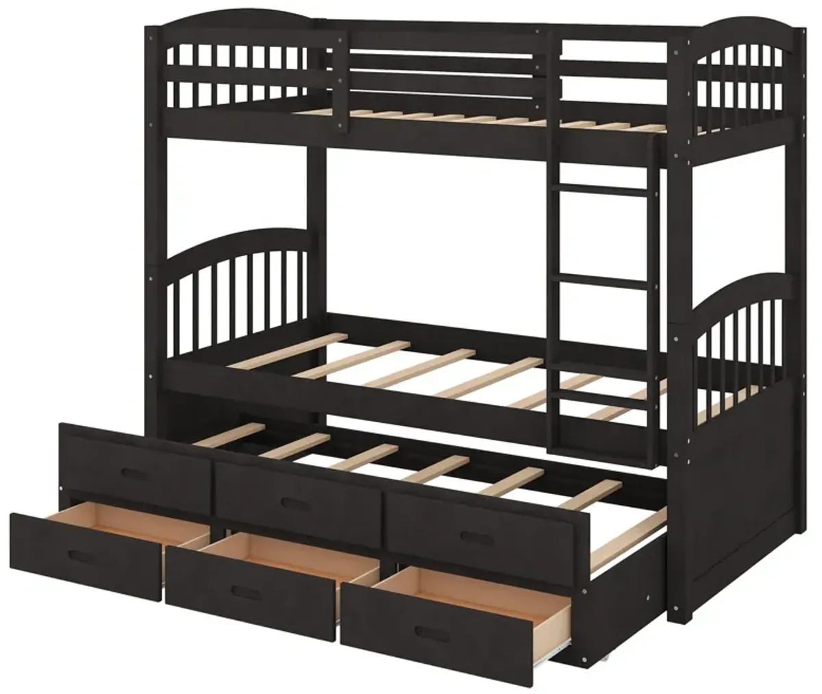 Twin Over Twin Wood Bunk Bed With Trundle And Drawers - Espresso