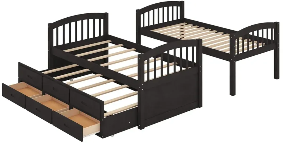 Twin Over Twin Wood Bunk Bed With Trundle And Drawers - Espresso