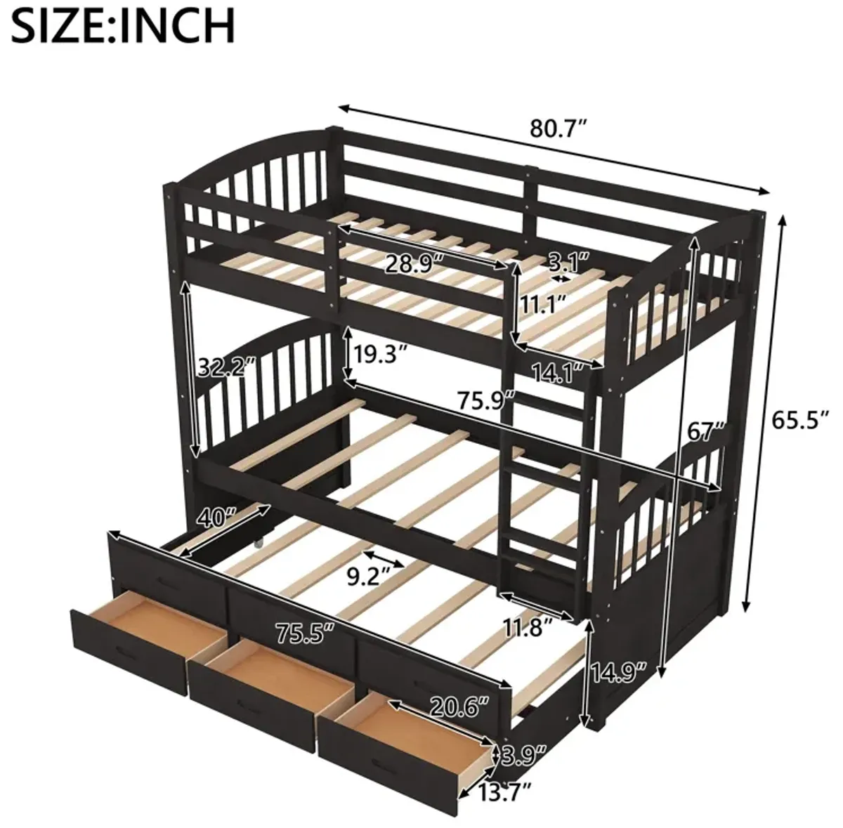 Twin Over Twin Wood Bunk Bed With Trundle And Drawers - Espresso