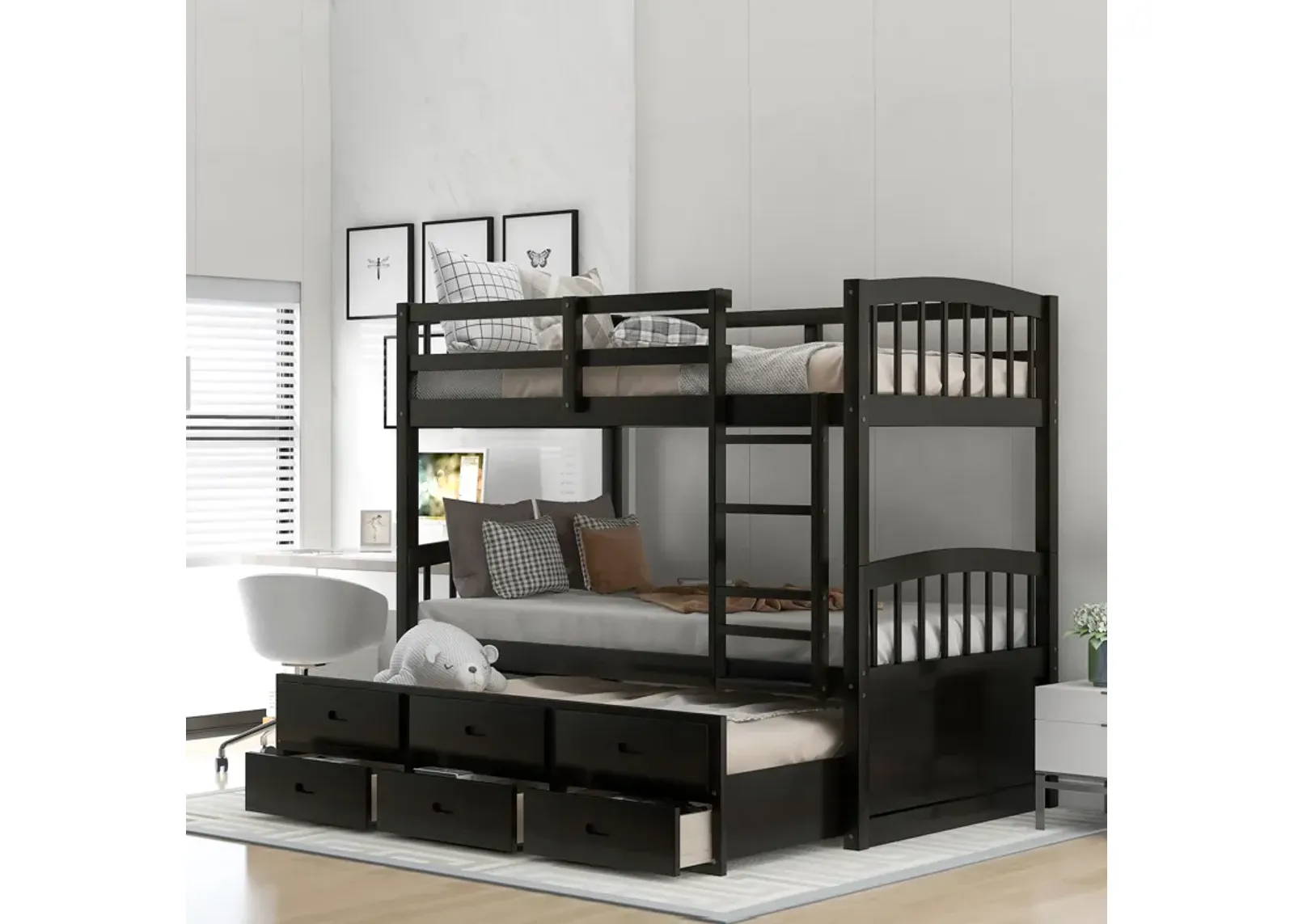 Twin Over Twin Wood Bunk Bed With Trundle And Drawers - Espresso