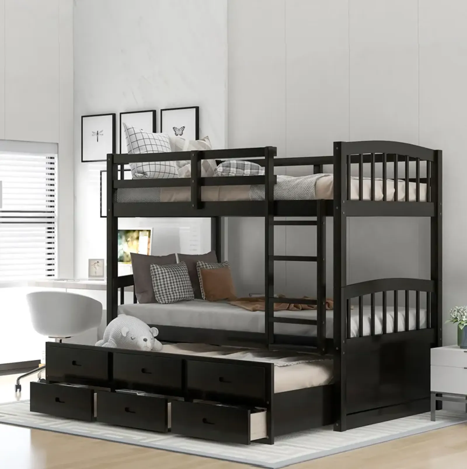 Twin Over Twin Wood Bunk Bed With Trundle And Drawers - Espresso