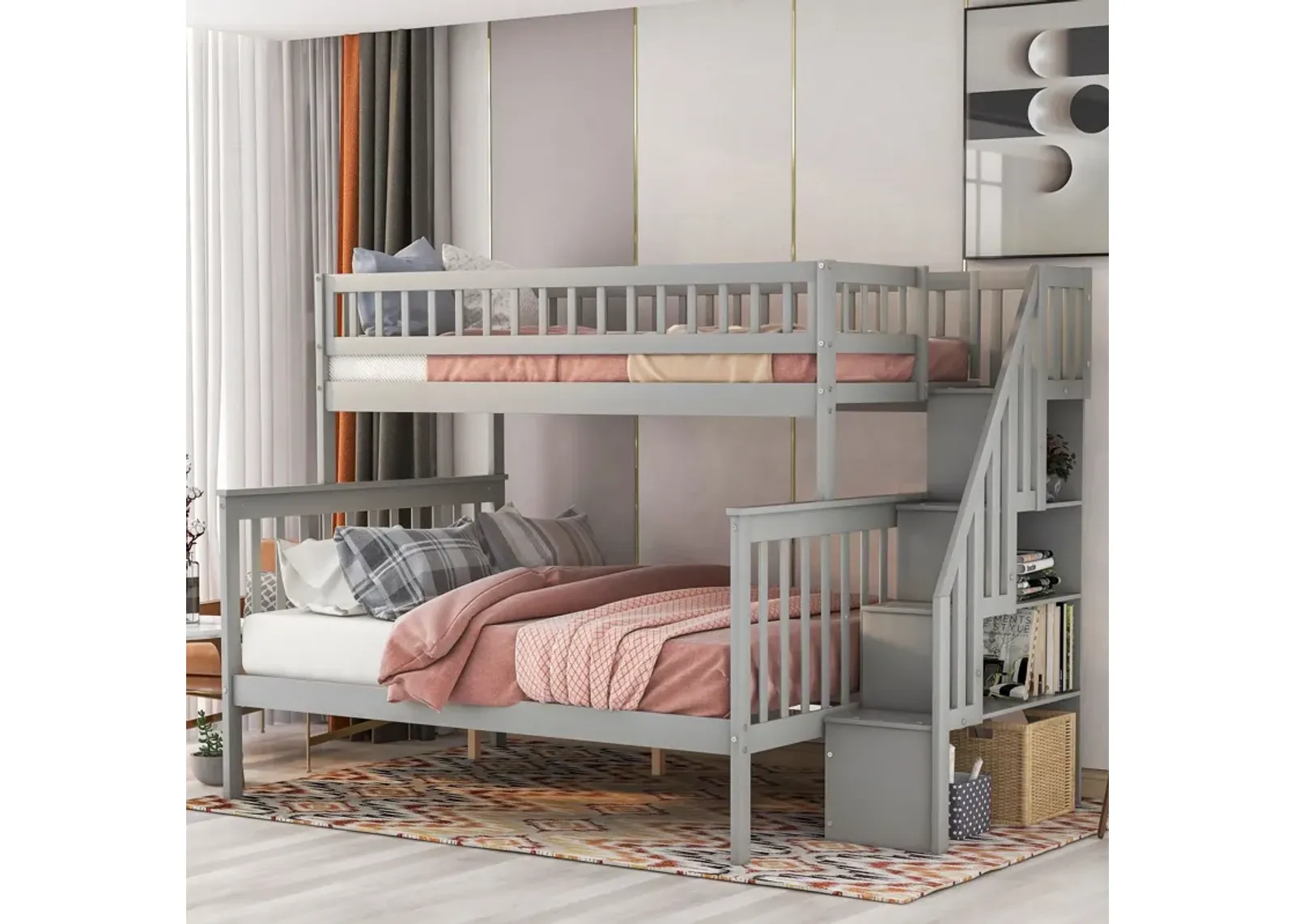 Twin Over Full Stairway Bunk Bed With Storage - Gray