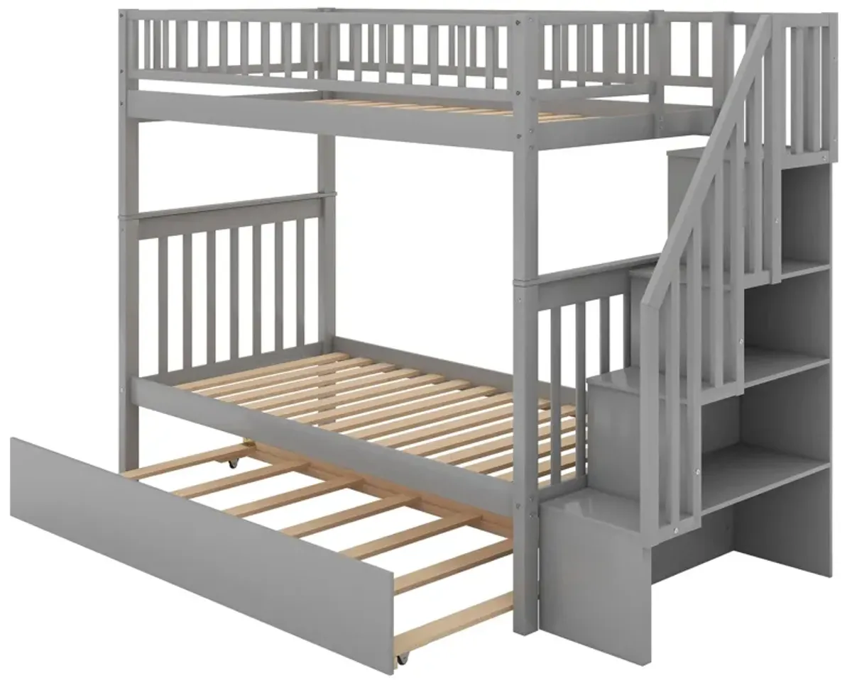 Twin Over Twin Bunk Bed With Trundle And Storage - Gray