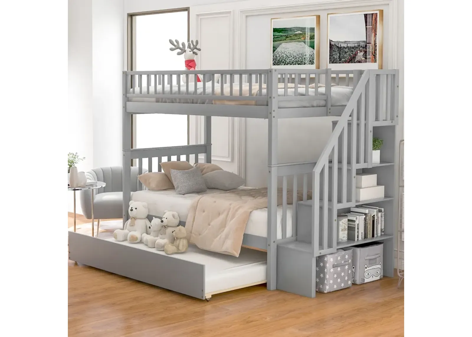 Twin Over Twin Bunk Bed With Trundle And Storage - Gray